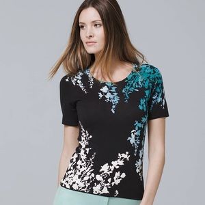 WHBM Floral Printed Black Knit Short Sleeve Top, Size S, NWT